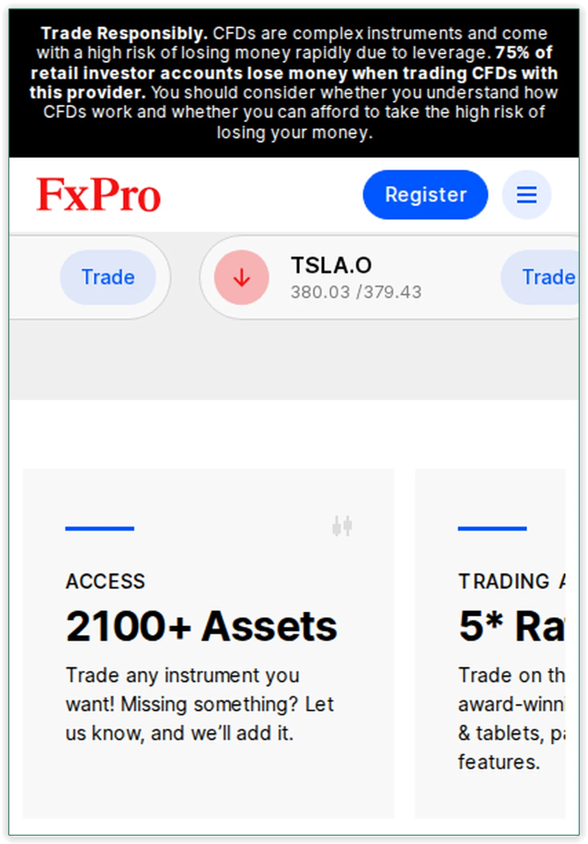 FxPro'nun açılış sayfası